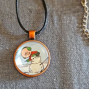 Peanuts vintage book page necklace Charlie Brown snowman ⛄️ ooak cabochon bronze